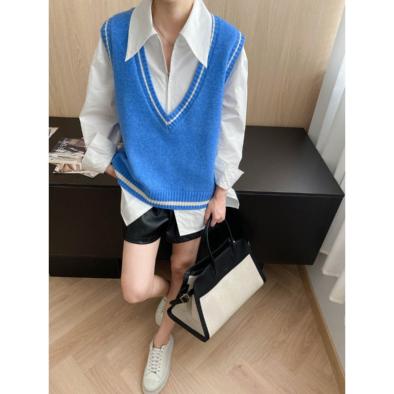 Artistic Retro Color Contrasting Stripe Large V neck Loose Knit Waistcoat Vest