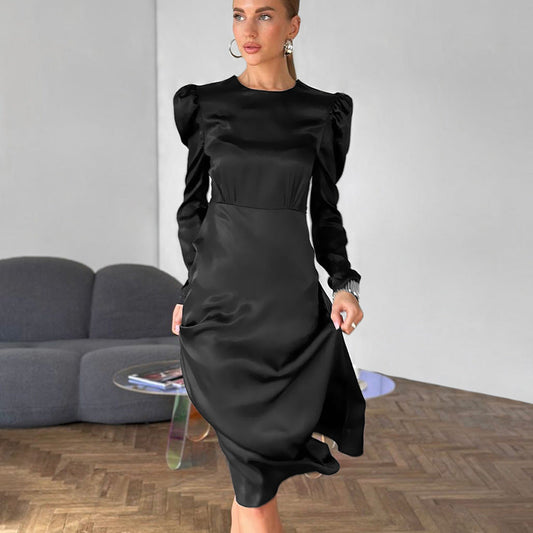 Autumn Black Thick Matte Satin round Neck Puff Sleeve Russian Office Sexy Dress Women Clothing