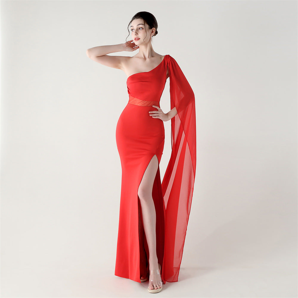 Single Shoulder Crossbody Stitching Mesh Design Satin Slim Cocktail Dress Evening Dress