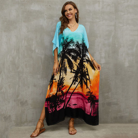 Rayon Positioning Printing Beach Cover Up V Neck Robe Vacation Skirt Bikini Cover