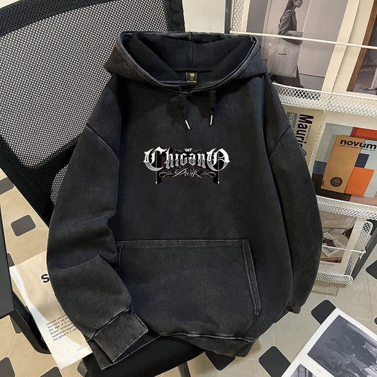 Autumn Winter Pure Cotton Cotton Composite Casual Trend Vintage Batik Washed Distressed Hooded Sweater