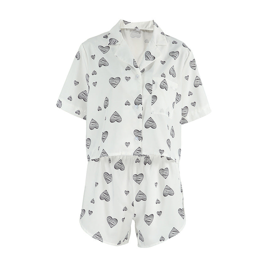 Spring Summer Heart Printing Cardigan Short Sleeve Split Shorts Pajamas Women Comfort Casual Home Wear