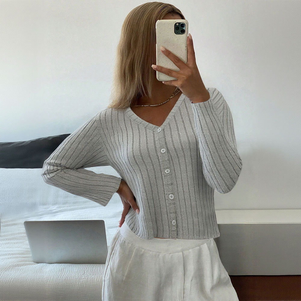 Autumn Popular Design Casual Single Breasted Long Sleeve Short Knitwear Autumn Winter Slim Top