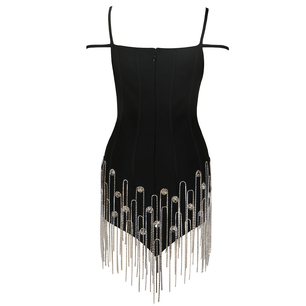 Sexy Black Camisole Small V neck Backless Jewelry Chain Diamond Knitted Bandage One Piece Dress