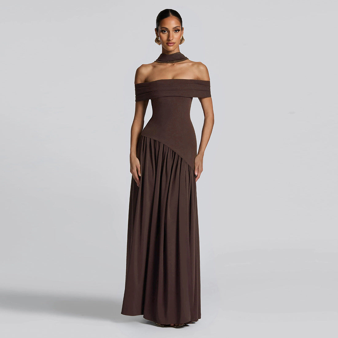 Autumn Women Clothing Sexy Backless Slim Fit Solid Color Scarf Collar Split off Shoulder Dress