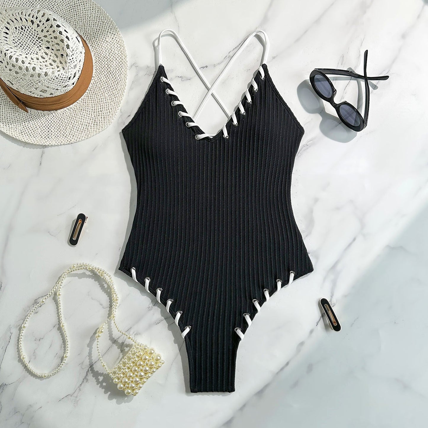 Black Eye Rope Color Matching Sexy Siamese Sling Swimwear