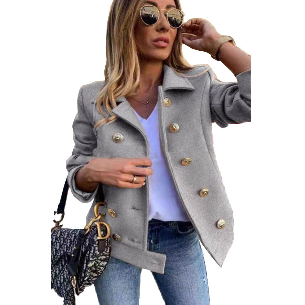Fall Winter Slim Long Sleeve Double Breasted Collar Woolen Jacket