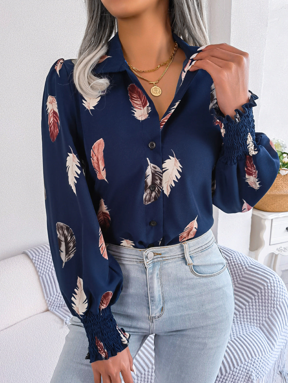 Spring Summer Elegant Feather Lantern Sleeve Collared Shirt Women Clothing