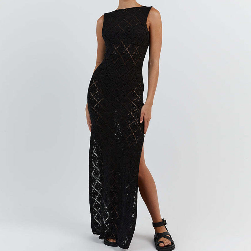 Vacation Slim Fit See through Sexy round Neck Strap Side Slit Beach Vacation Sun Shield Hanfu Long Robe Crochet hook