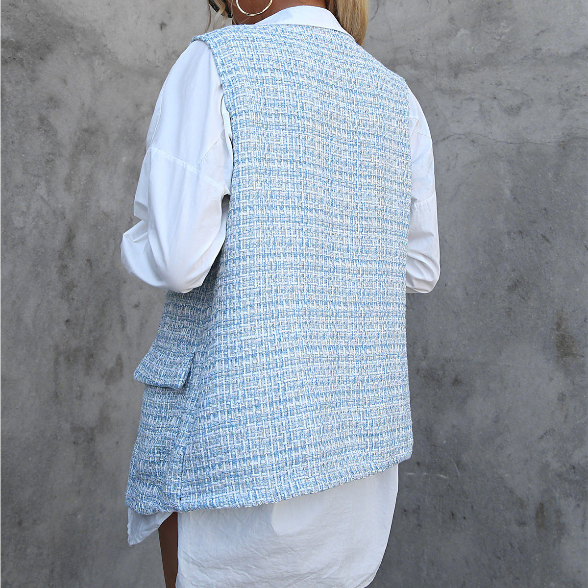 Houndstooth Design Mid Length Cardigan Vest Pocket Coat Plaid Vest Jacket Top Women