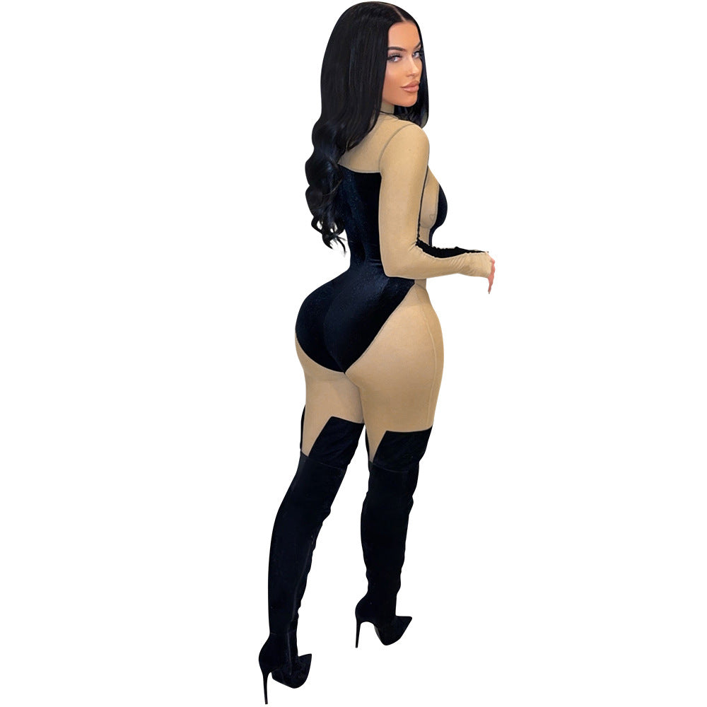 Sexy See-through Velvet Tight Slimming Sheath Jumpsuit