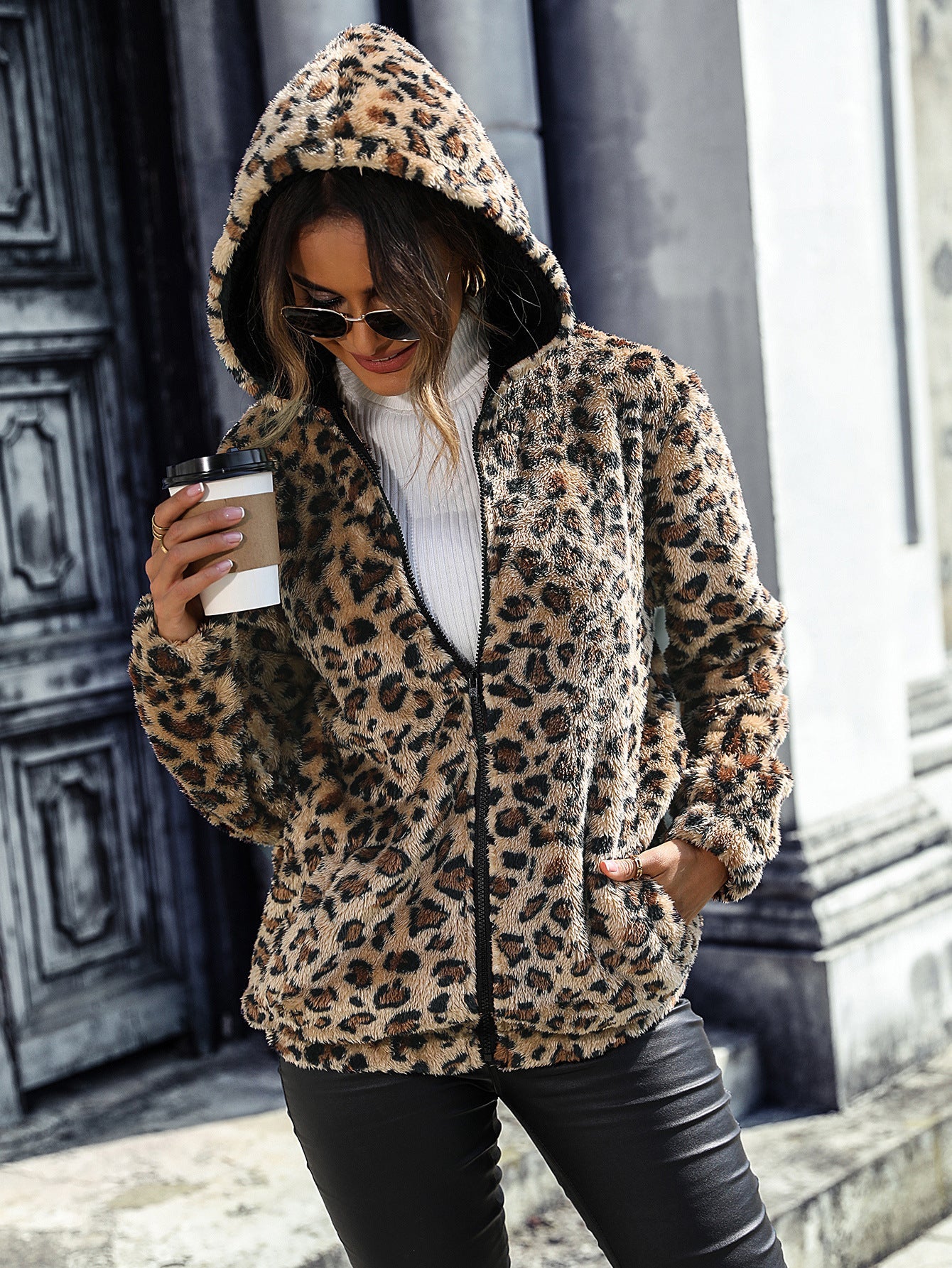 Autumn Winter Women Hooded Long Sleeve Leopard Print Mid Length Plush Loose Casual Jacket