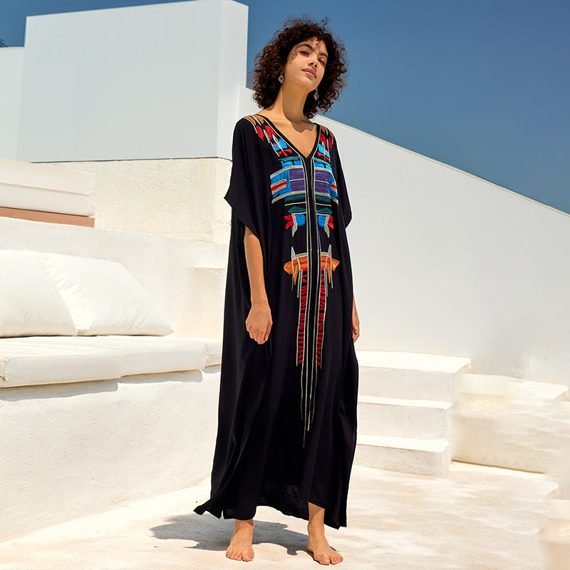 Rayon Embroidered Loose Maxi Dress Beach Jacket Vacation Maxi Dress Beach Cover Up