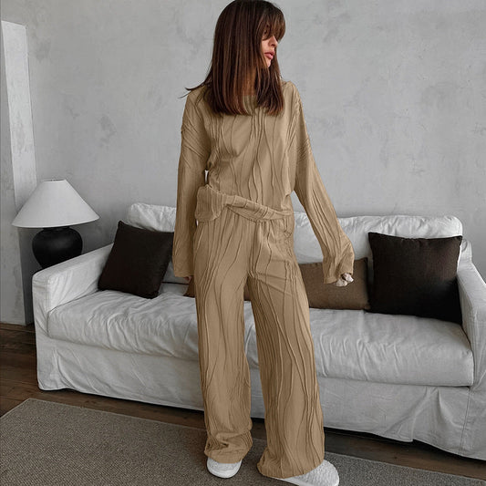 Autumn Loose Casual Striped Knitted Pajamas Women Long Sleeved Trousers Can Be Outerwear Homewear