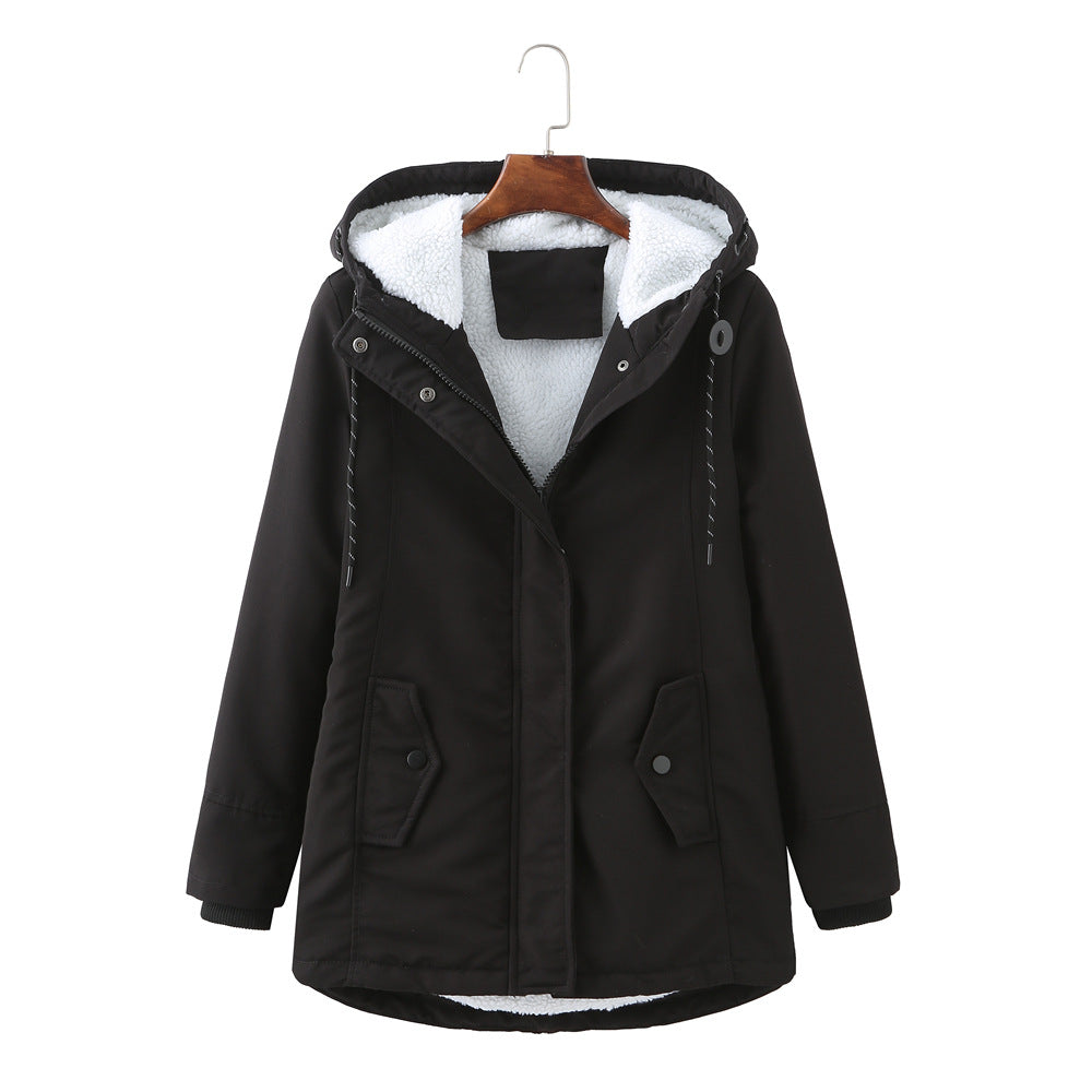 Ladies Hooded Lambswool Parka Winter Warm Waist Women Cotton-Padded Coat