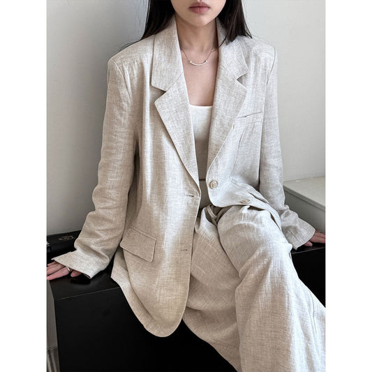 High Grade Linen Blazer Women Spring Cotton Linen Small Work Pant Two Piece Sets