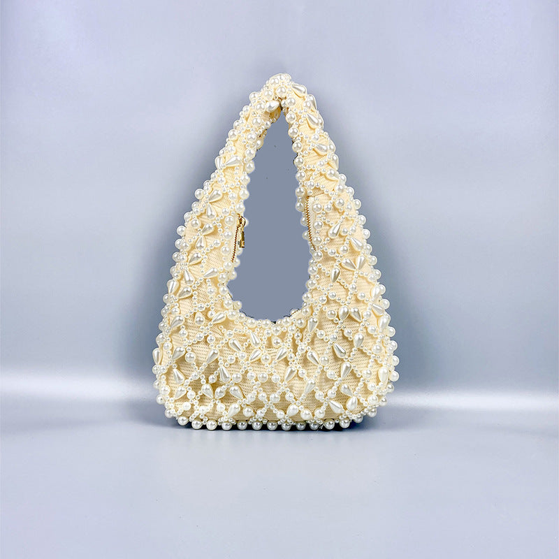 Trendy Women Pearl Rhinestone Advanced Texture Handmade Beaded Weave Portable Office Underarm Bag