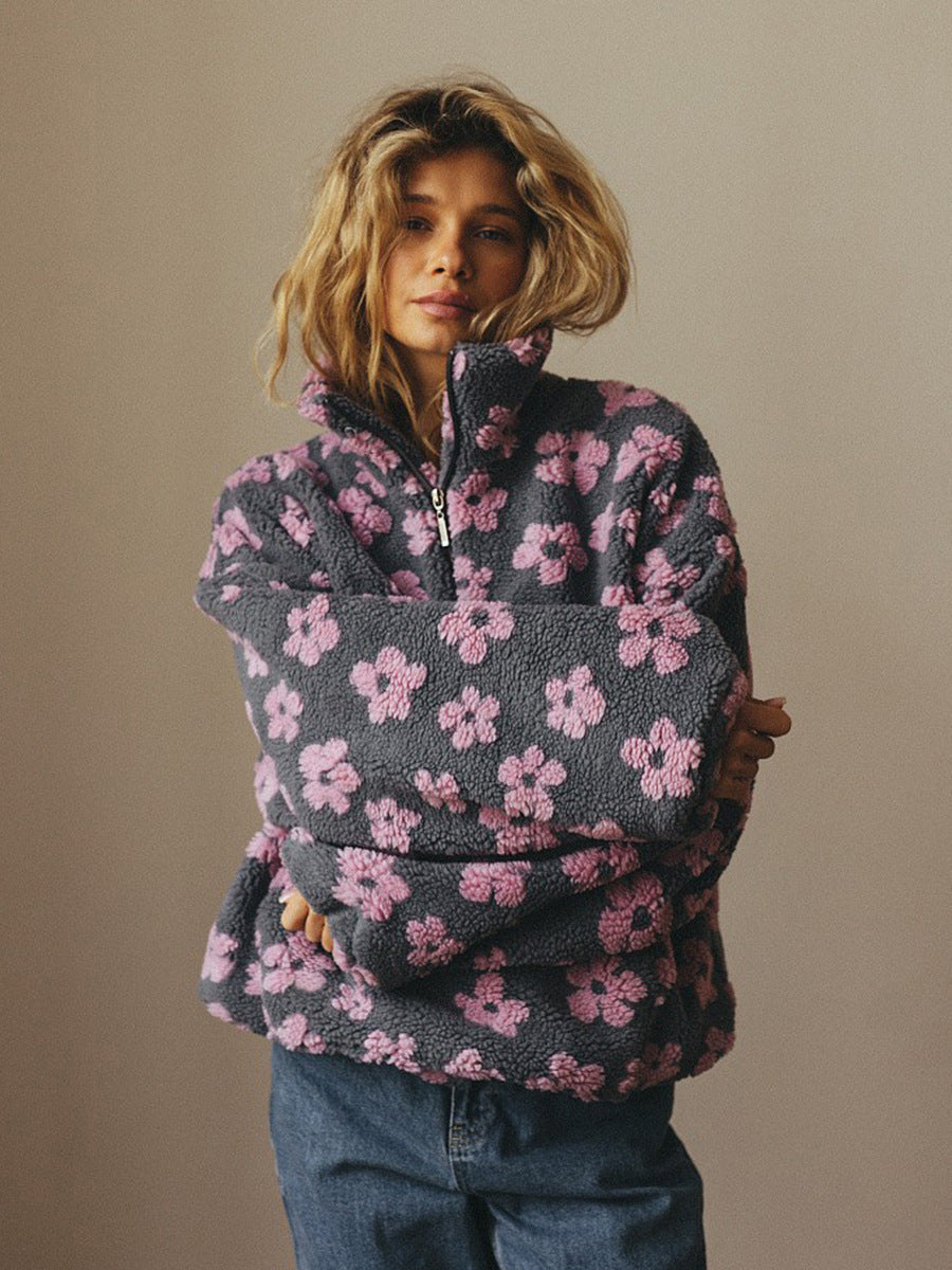 Women Polar Fleece Floral Autumn Winter Sweater Warm Furry Fleece Pullover