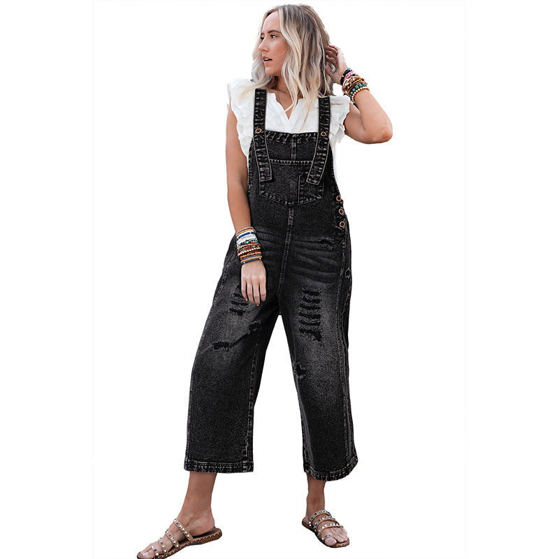 Fall Solid Color Denim Suspender Pants Women Design Ripped Cropped Jumpsuit Women