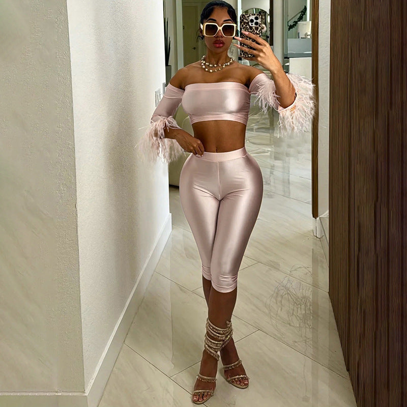 Spring Women Sexy off Shoulder Tube Top Slim Sheath Fifth Pants Set