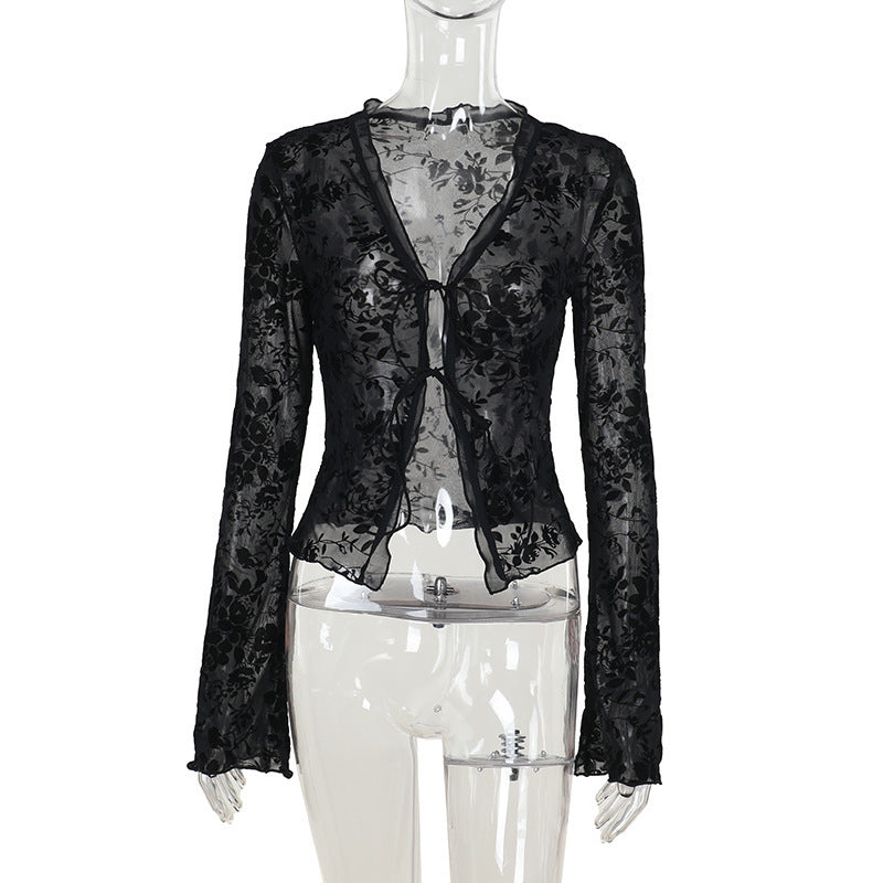 Autumn Chiffon Shirt Classic Elegant Slim Fit Pleated Bell Sleeve Top for Women