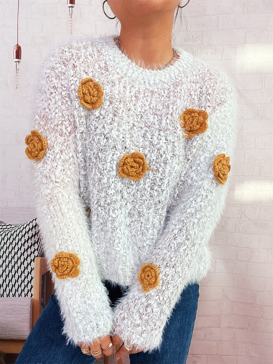 Autumn Winter Gradient Color Three Dimensional Cute Floral Pink round Neck Long Sleeve Knitted Pullover Sweater
