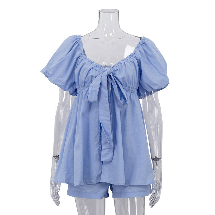 Casual Women Summer V neck Puff Sleeve Lace up Top Loose Shorts Two Piece Sets