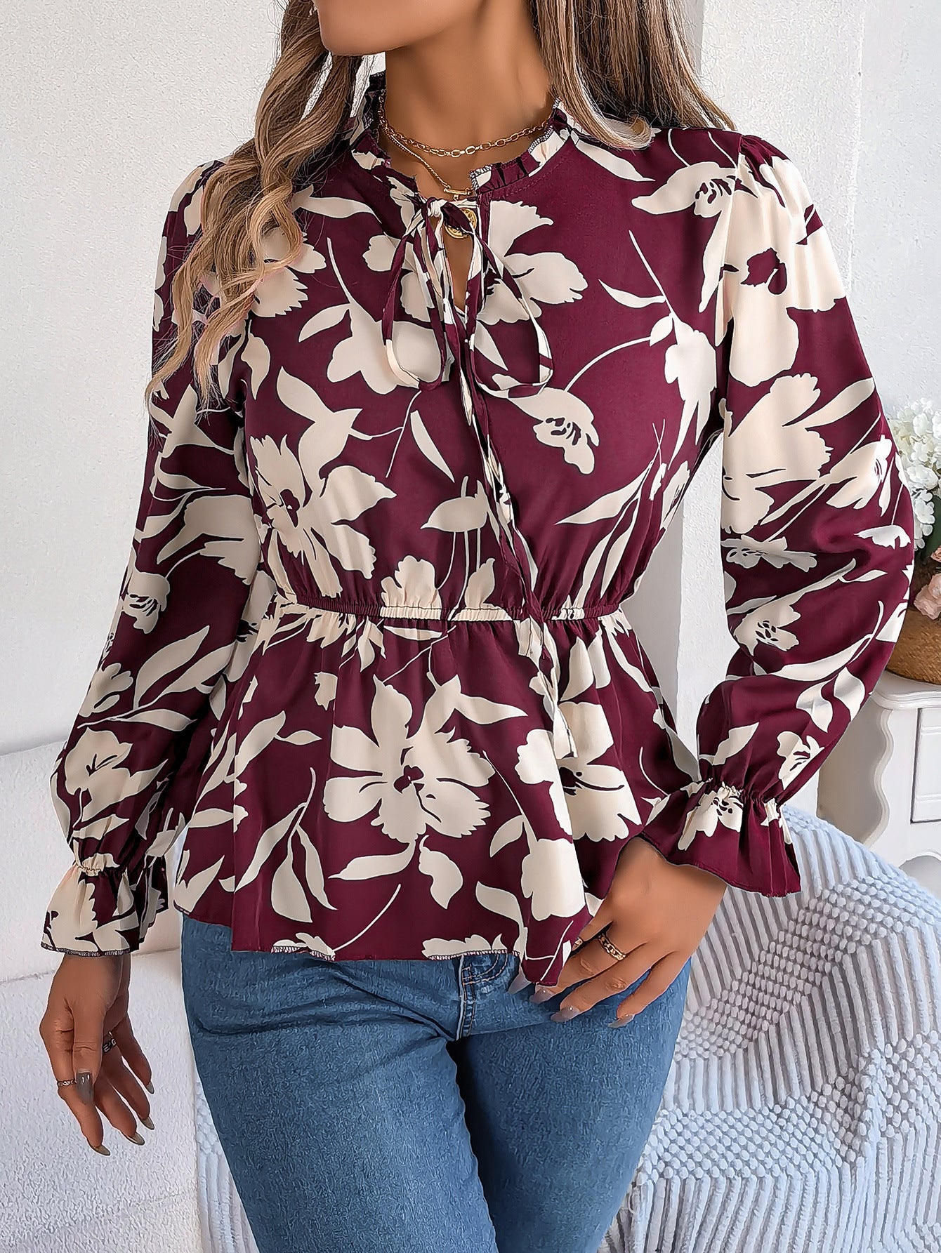 Real Shot Spring Summer Casual Floral Lace up Long Sleeve Chiffon Shirt Top Women Clothing