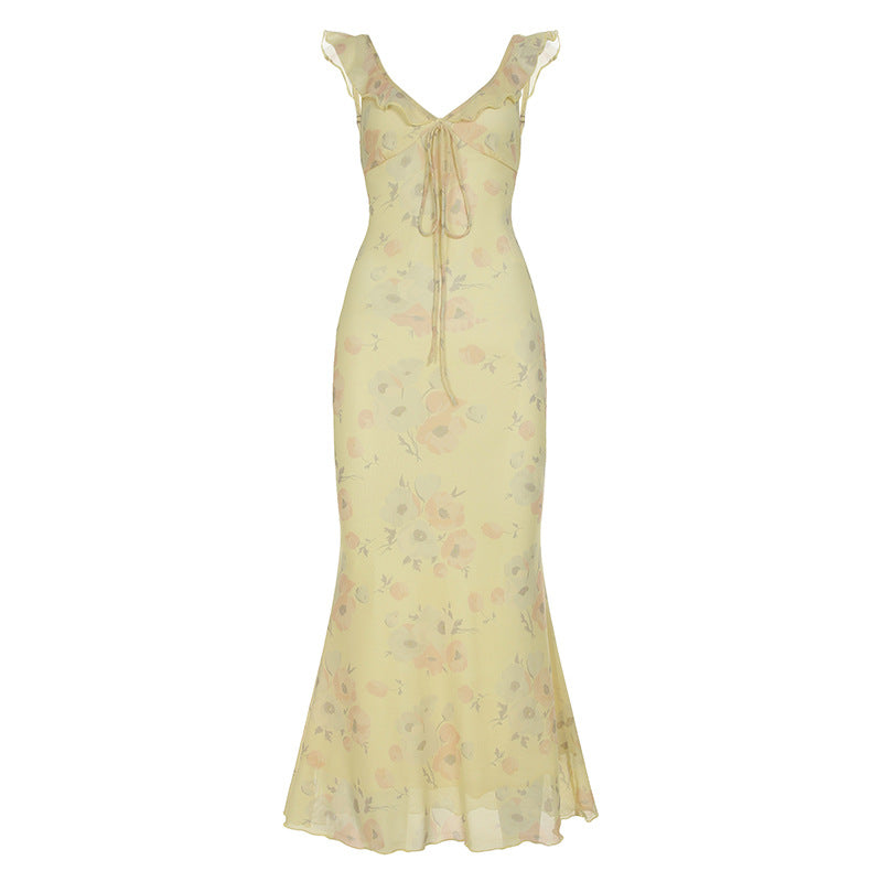 French Holiday Floral Strap Dress Ruffled Gentle Sexy Flying Sleeve Maxi Dress for Women
