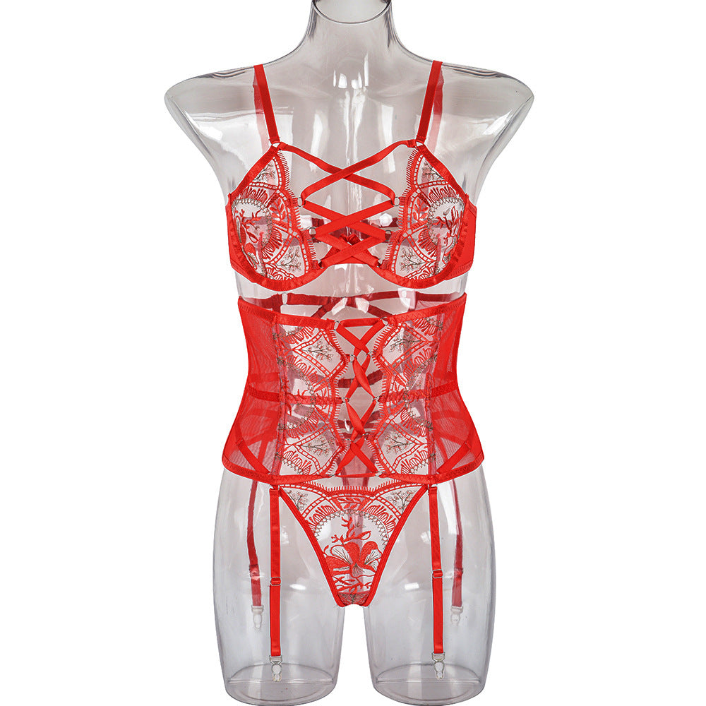 Valentine Day Sexy Lingerie Three Piece Embroidery Stitching Hand Worn Underwear