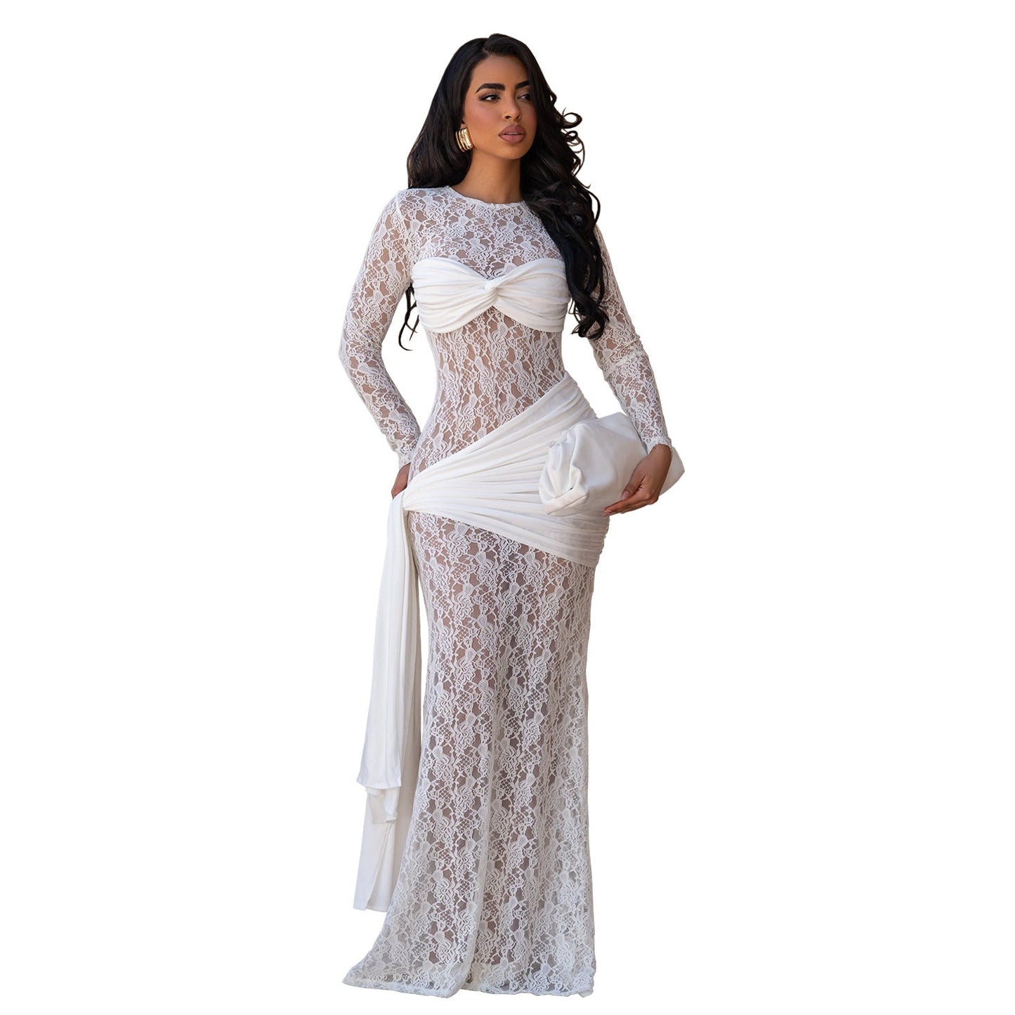Women Wear Sexy round Neck Lace Slim Fit Long Sleeved Dress