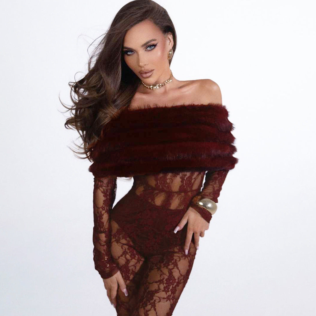 Winter Women Clothing Sexy off the Shoulder Furry Slim Fit Patchwork Jumpsuit Women