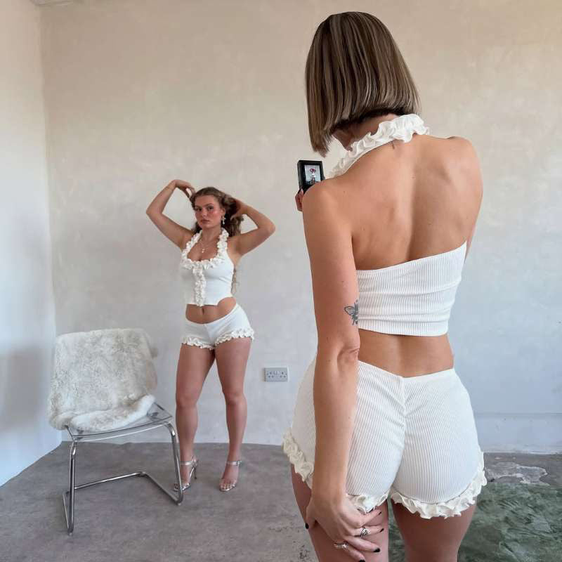 Spring Summer Women Clothing Solid Color Sexy Ruffles Halterneck Vest Slim Fit Base Shorts Two Piece Set