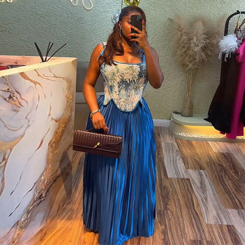 Women Clothing Summer Sweet Printed Waist Controlled Vest High Waist Pleated Skirt Two Piece Sets