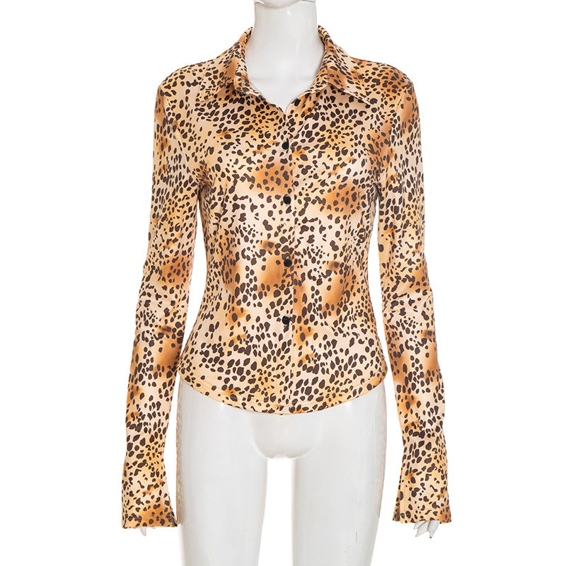 Women Clothing Autumn Winter Leopard Print Printing Collared Long Sleeve Button Slim Shirt Tops