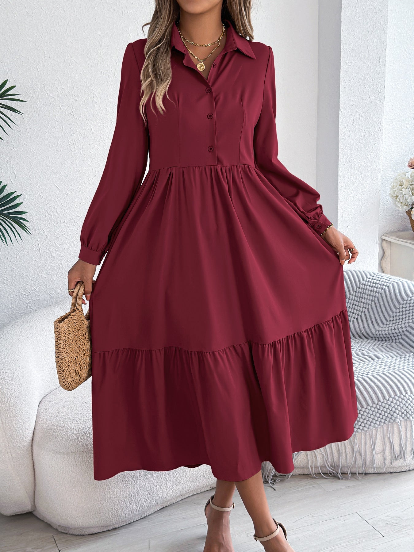 Autumn Winter Collared Casual Loose Long Sleeve Ruffled Shirt Dress Women Clothing