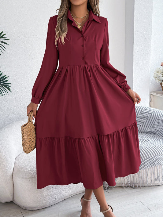 Autumn Winter Collared Casual Loose Long Sleeve Ruffled Shirt Dress Women Clothing