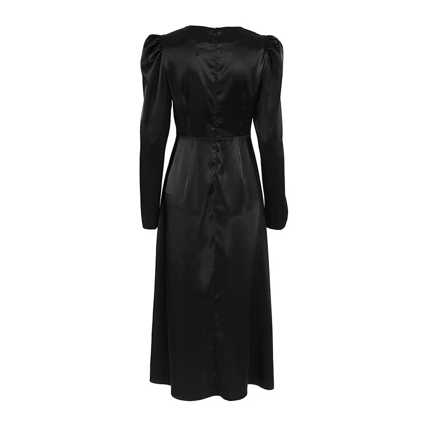 Autumn Black Thick Matte Satin round Neck Puff Sleeve Russian Office Sexy Dress Women Clothing