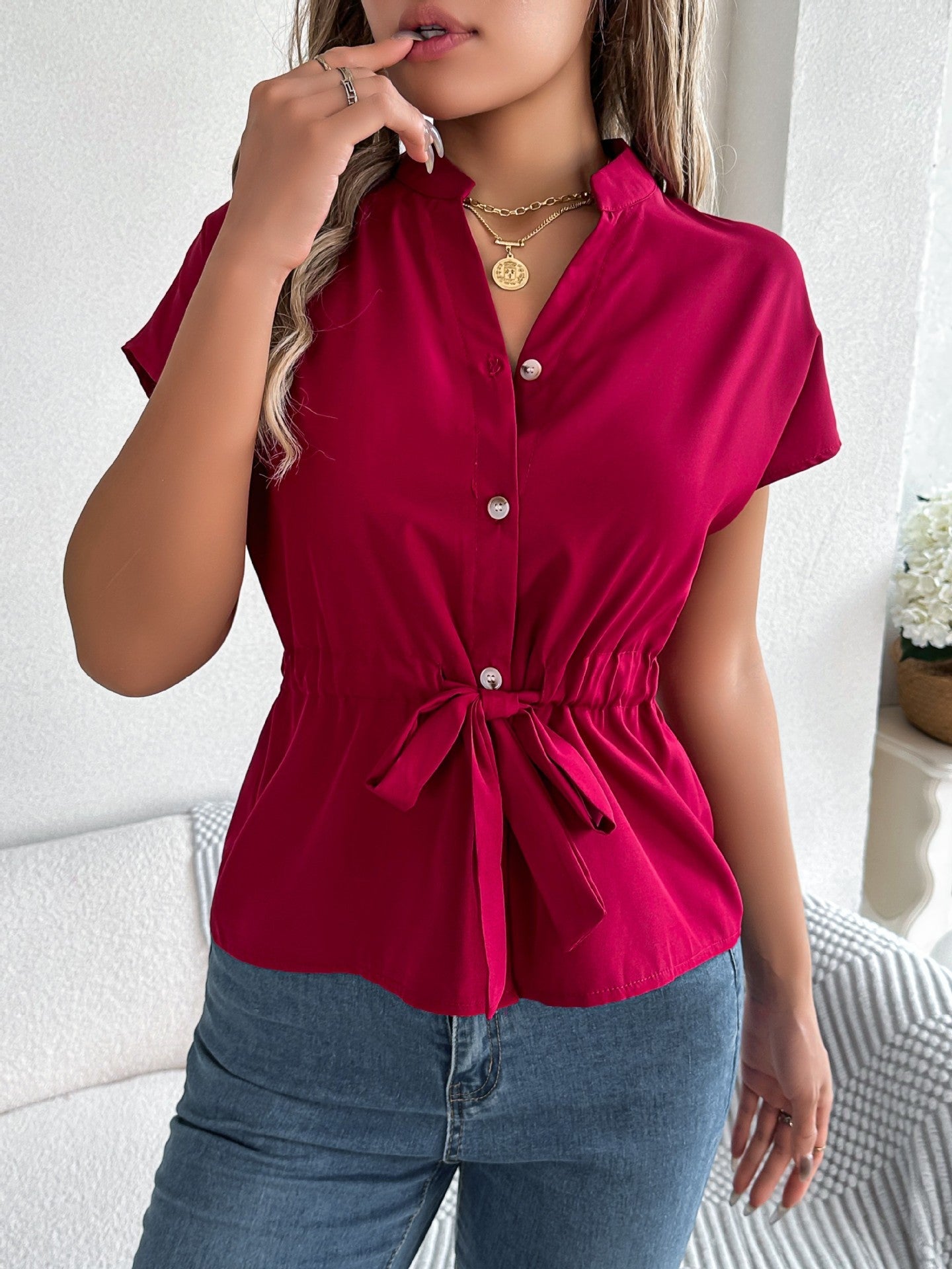 Spring Summer Casual Solid Color Buttons Drawstring Short Sleeve Shirt Top Women Clothing