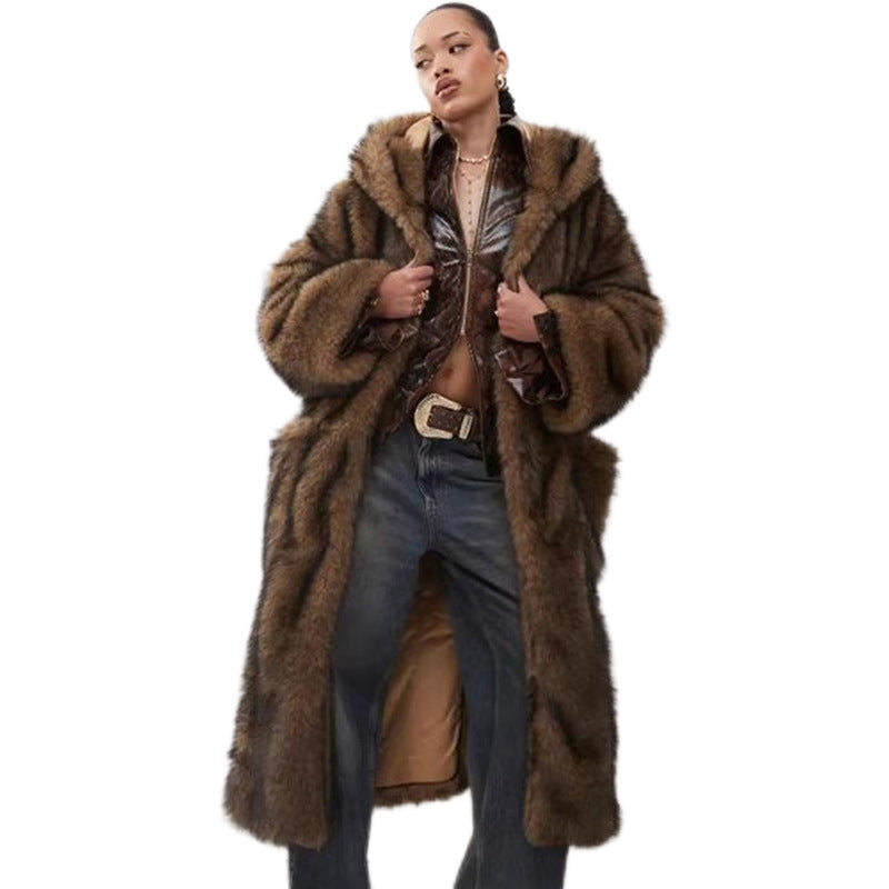 Women Fur Coat Winter Warm Faux Fur Coat Young Wolf Fur Color Hooded Warm Trench Coat