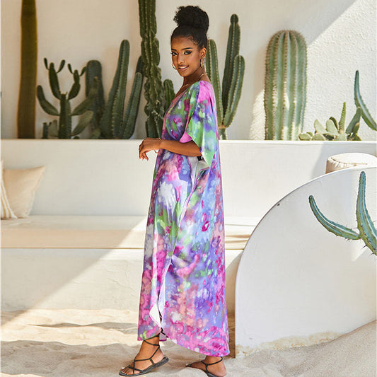 Rayon Purple Printed Beach Cover up Vacation Maxi Dress Robe Beach Cover Up