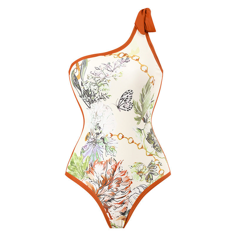 Women Swimsuit Elegant Printed Stitching Contrast Color Beach Sun Protection Skirt Shoulder Two Piece Swimsuit