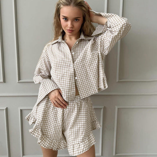 Plaid Cardigan Long Sleeve Shorts Home Wear Autumn Cotton Loose Casual Pajamas Women