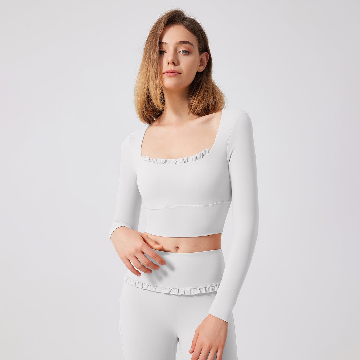 Autumn Winter Nude Feel Lace Yoga Clothes Long Sleeve Semi Fixed Cup Running Slim Sports Bra Breathable Workout Clothes Top