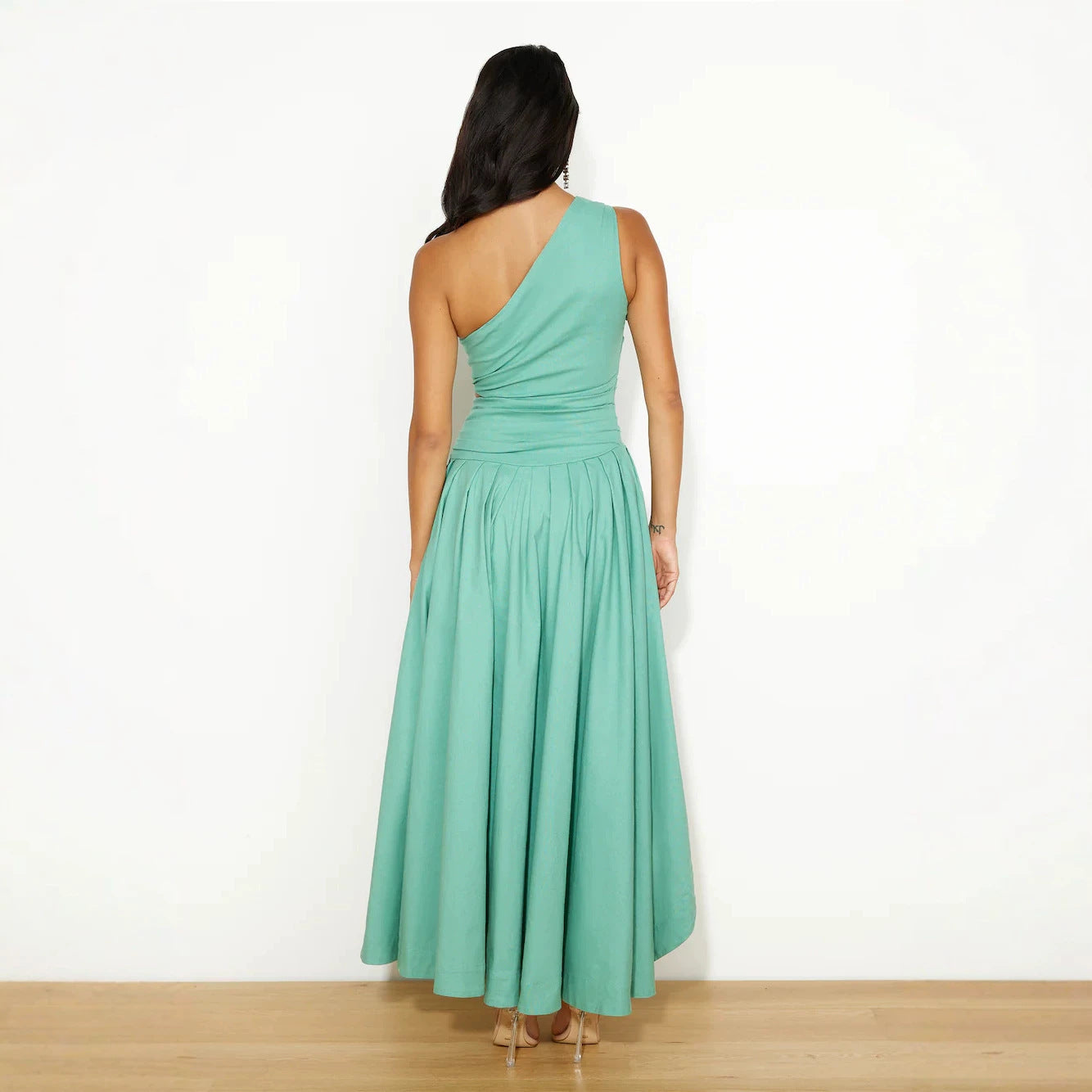 Spring Summer Pleated One Shoulder Diagonal Collar Irregular Asymmetric Solid Color Ripped Dress