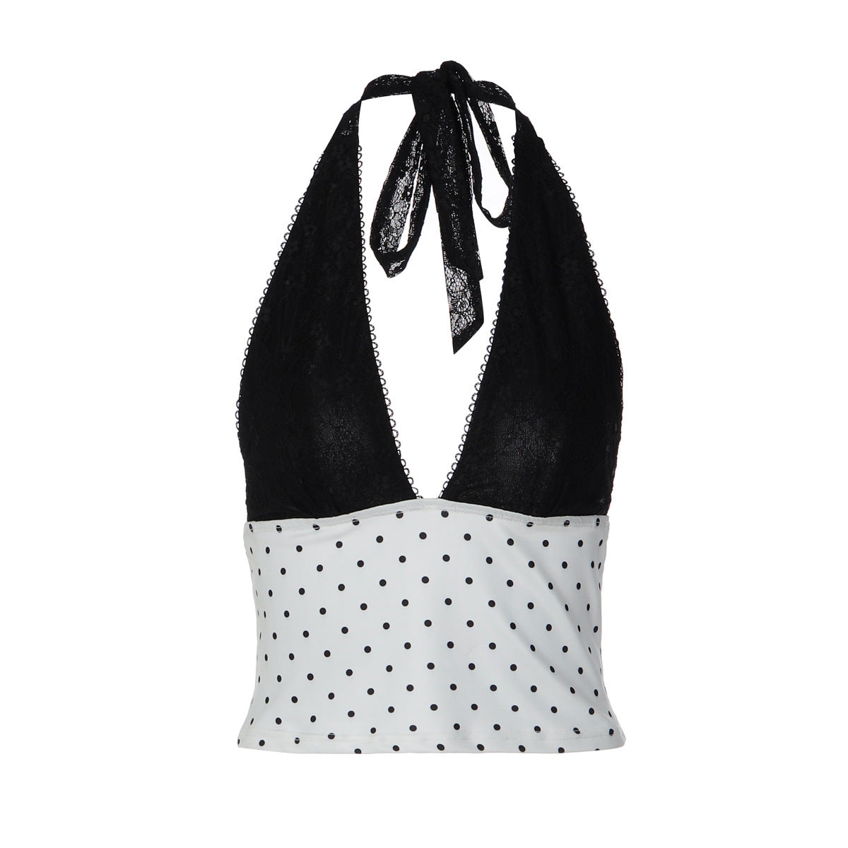 French Contrast Color V neck Halter Vest Summer Polka Dot Sexy Lace up Top