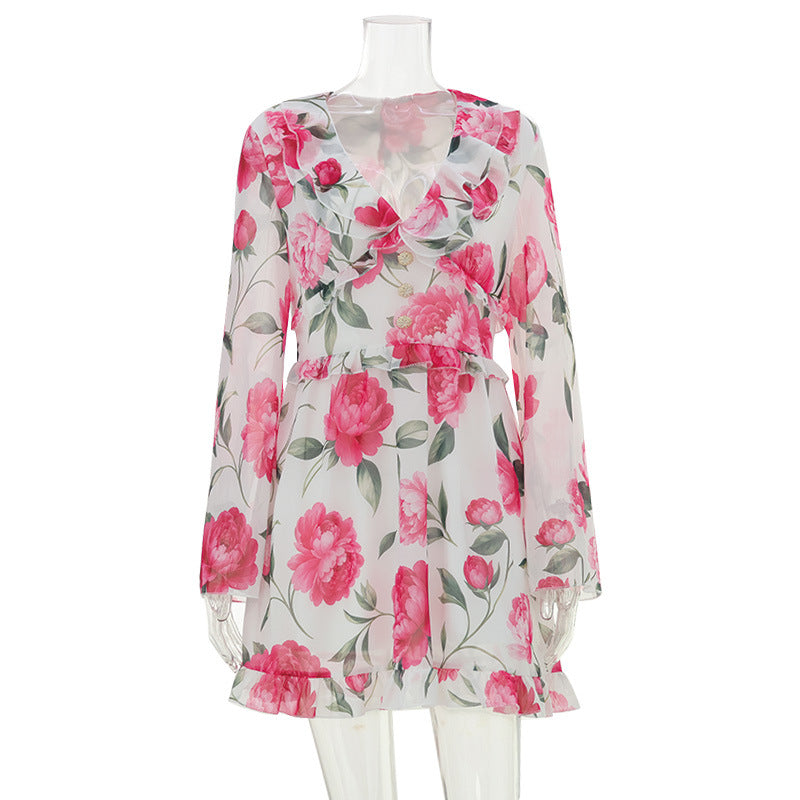 Summer Women Floral Dress Sweet Chiffon V neck Flared Sleeves A line Lotus Leaf Dress