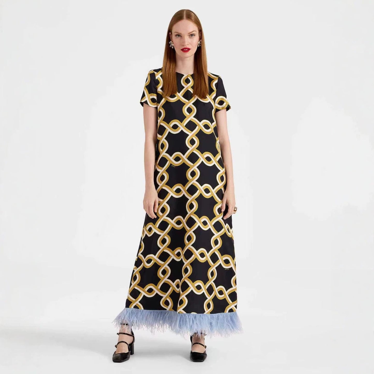 Spring Summer Satin Positioning Printed Feather Dress Short Sleeve Loose Dress for Women