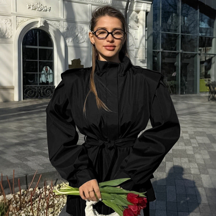 French Minority Autumn Winter Atmosphere Tongqin Trench Coat Coat Women Waist Trimming Lace up Collared Long Sleeve