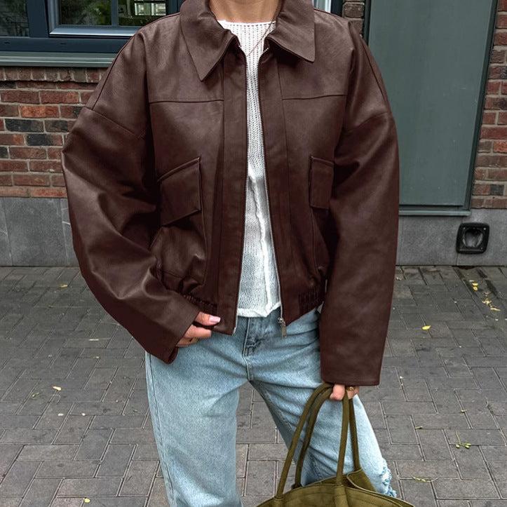 Women Clothing Spring Autumn Coat Bomber Jacket Retro Old Money Leather Jacket